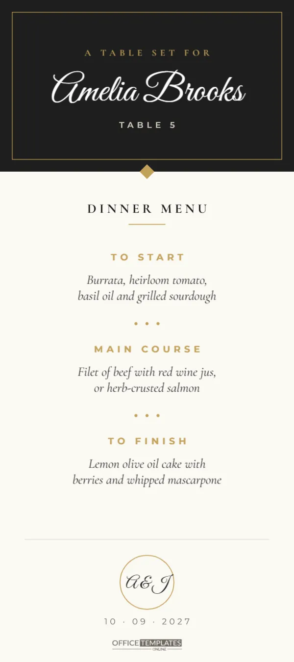 Black Tie Wedding Menu Card with Guest Name – 4 x 9 Inches