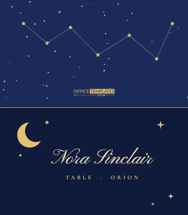 Celestial Moon and Stars Wedding Place Card in Navy and Gold