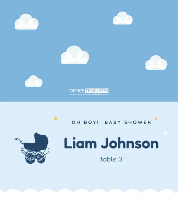 Baby Boy Shower Place Card with Vintage Pram and Clouds