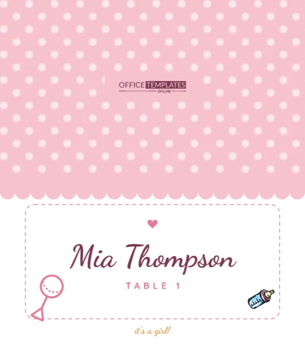 Baby Girl Shower Place Card with Rattle, Bottle and Polka Dots