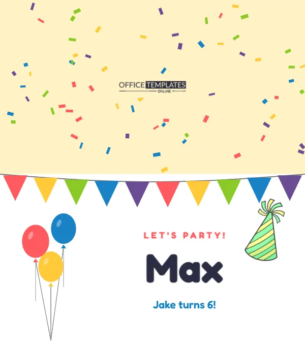 Kids Birthday Party Place Card with Bunting, Balloons and Confetti