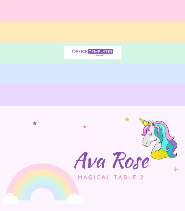 Unicorn Birthday Party Place Card with Pastel Rainbow