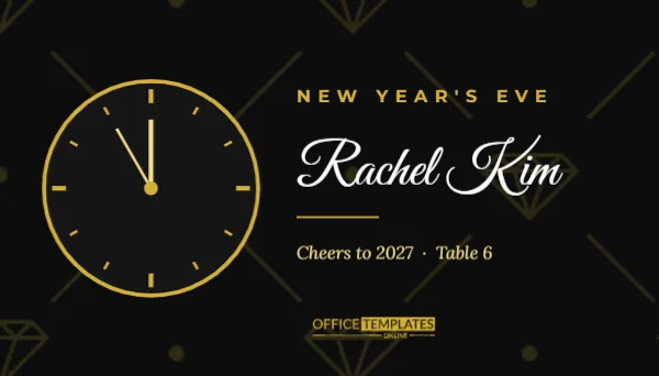 New Year’s Eve Place Card with a Gold Clock Moments Before Midnight