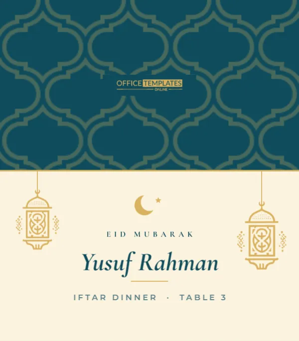 Eid and Iftar Dinner Place Card with Gold Lanterns and Crescent