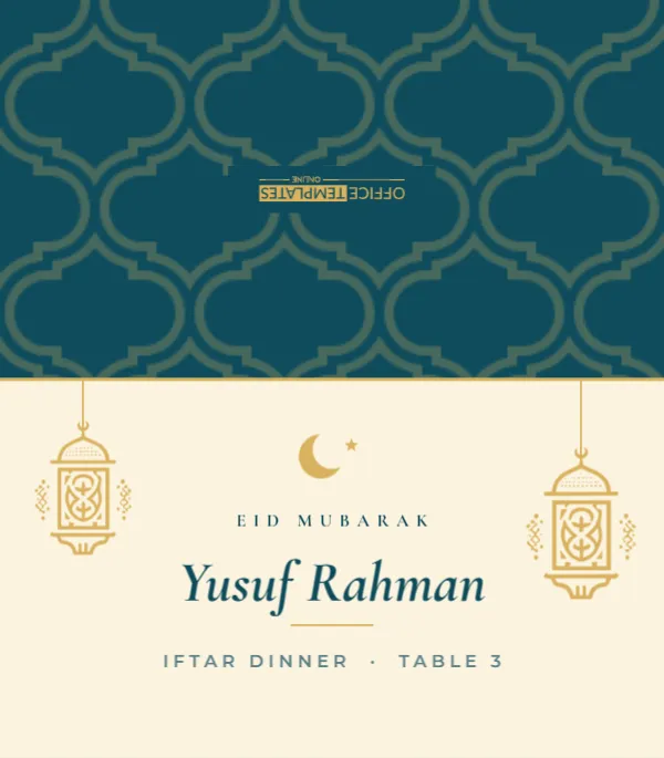 Eid and Iftar Dinner Place Card with Gold Lanterns and Crescent