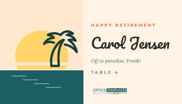 Retirement Party Place Card with a Tropical Sunset and Palm Tree
