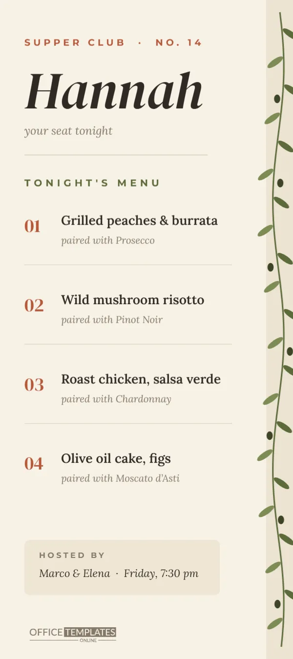 Supper Club Dinner Party Menu with the Guest’s Name and Wine Pairings