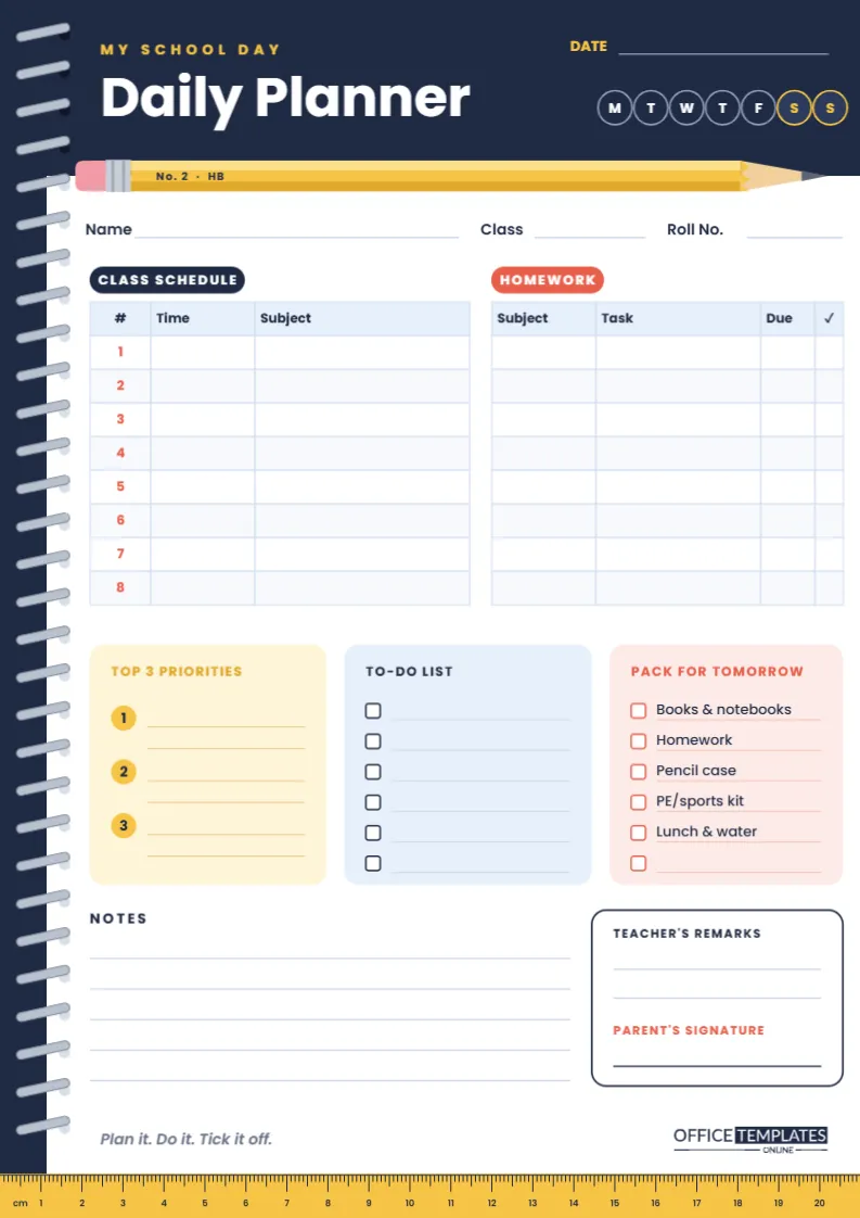 Daily Student Planner Template – Spiral Notebook Page for School Days