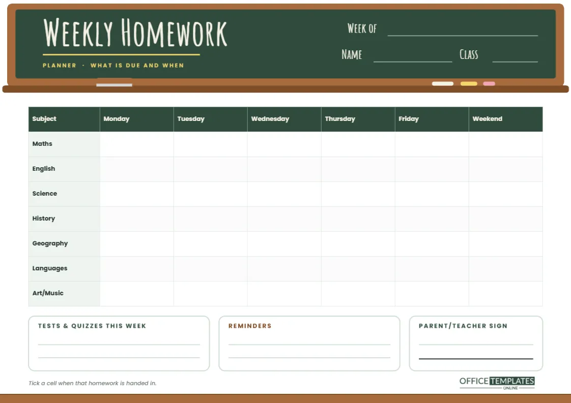 Weekly Homework Planner Template – Chalkboard Subject Grid