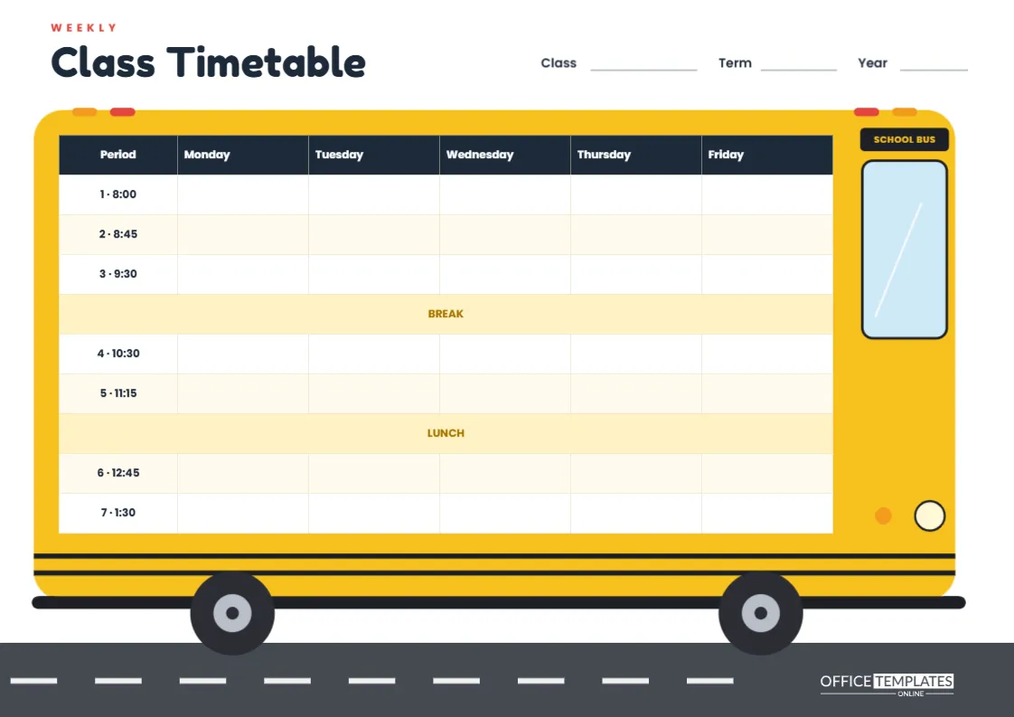Weekly Class Timetable Template – School Bus Design
