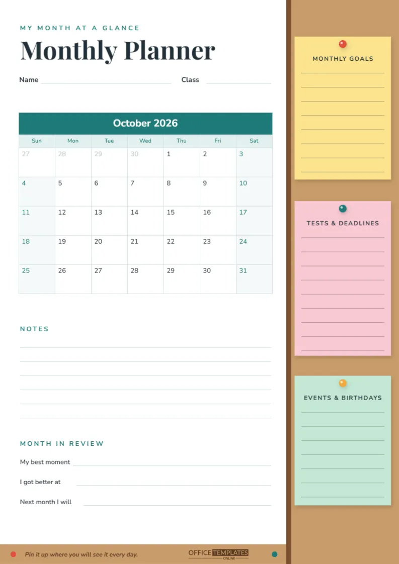 Monthly Student Planner Template with Cork Board Notes