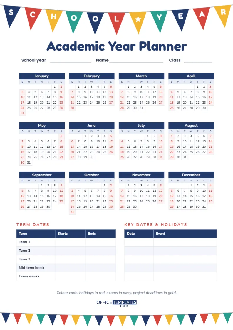 Academic Year Planner Template – 12-Month School Calendar