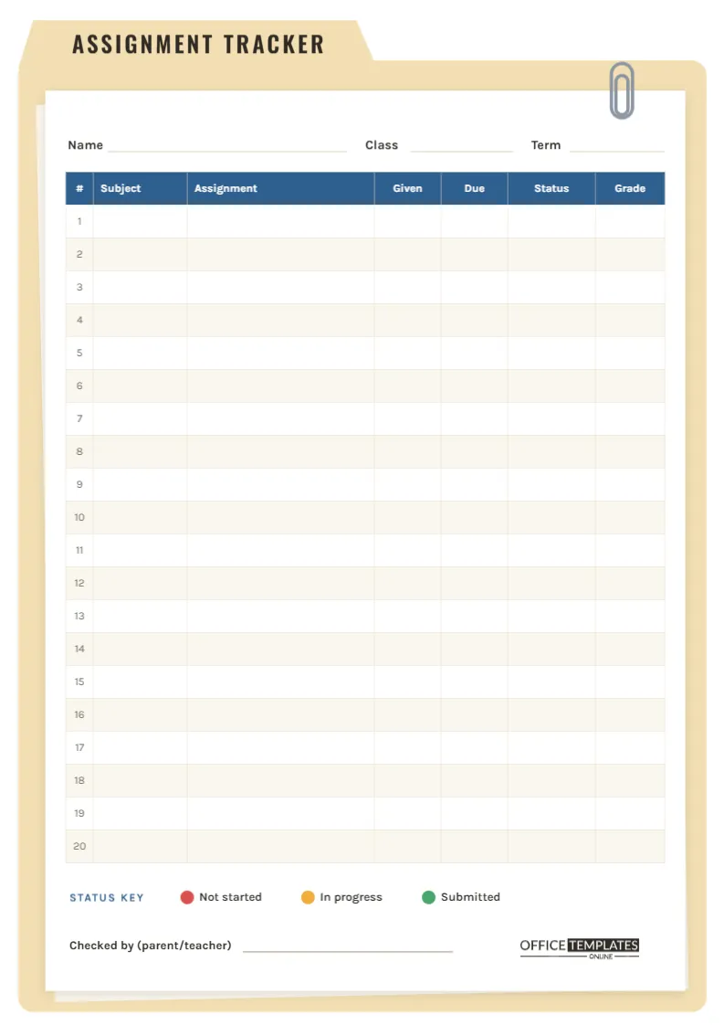 Assignment Tracker Template – Manila Folder Log for Students