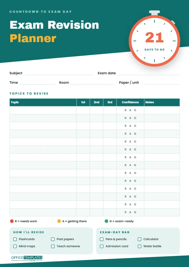 Exam Revision Planner Template – Stopwatch Countdown Sheet