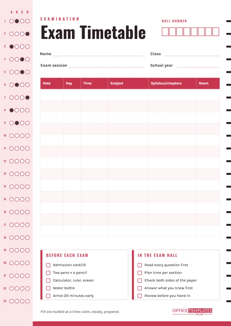 Exam Timetable Template – Answer Sheet Style Schedule