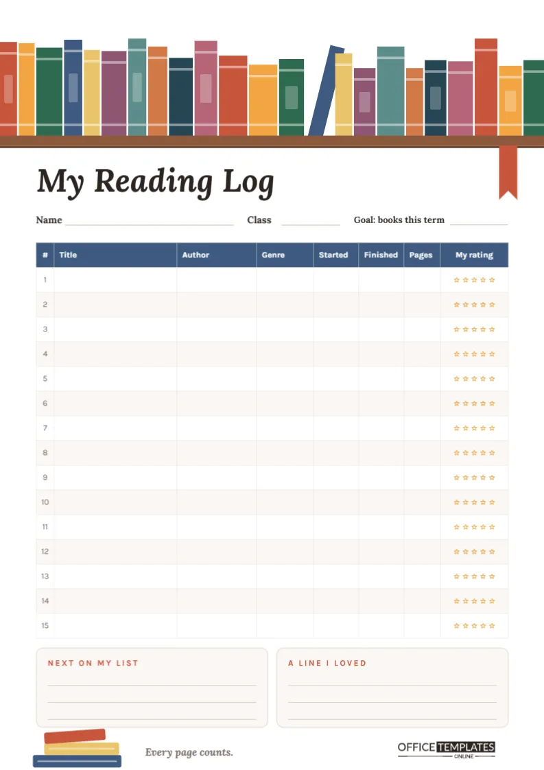 Reading Log Template for Students – Bookshelf Design