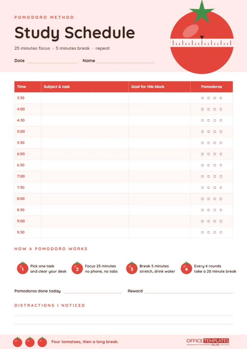 Pomodoro Study Schedule Template – Tomato Timer Planner
