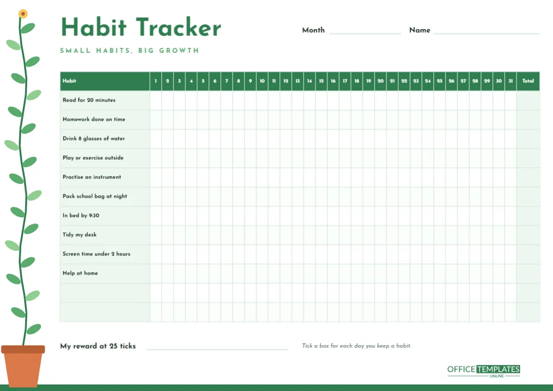 Student Habit Tracker Template – 31-Day Growing Vine Chart