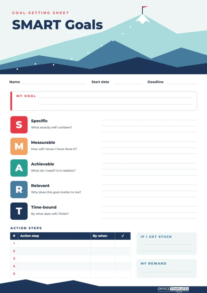 SMART Goal Setting Sheet for Students – Mountain Summit Template