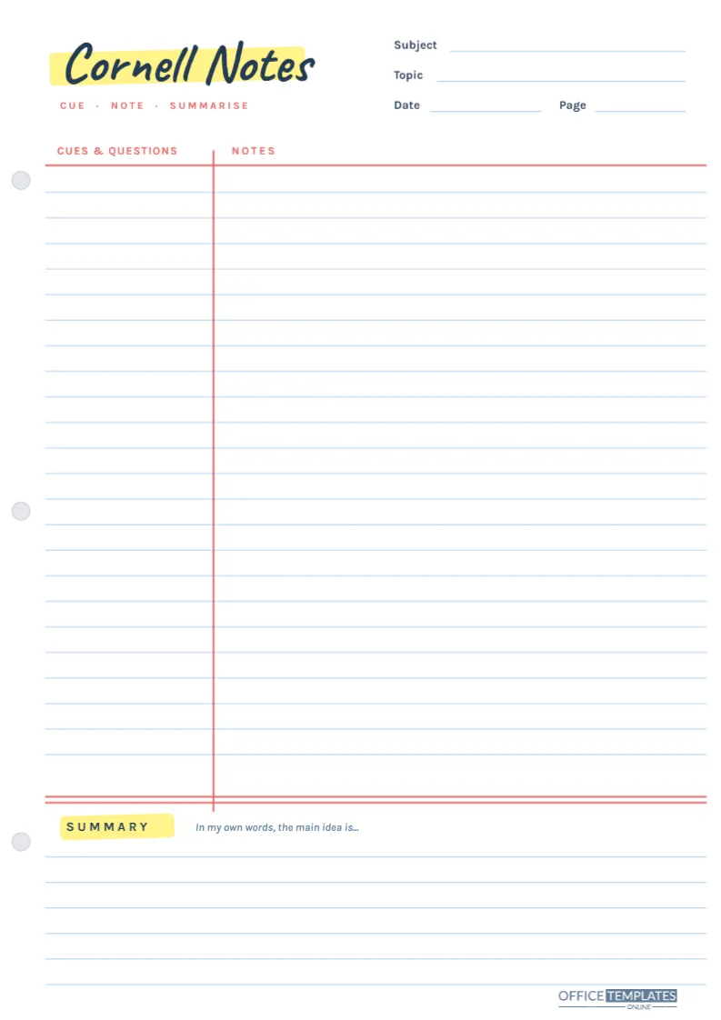 Cornell Notes Template – Ruled Notebook Page With Cue Column