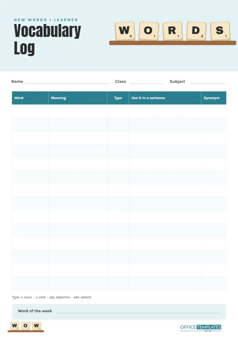 Vocabulary Log Template – Word Tiles New Words Tracker