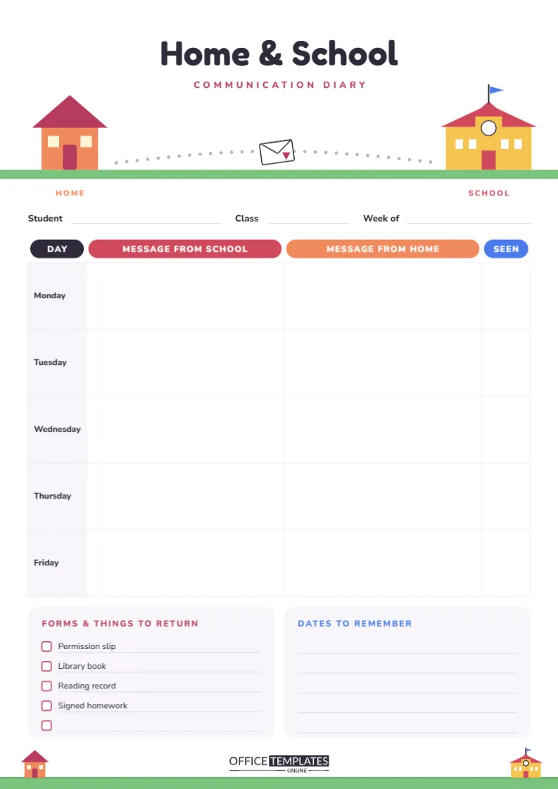 Home-School Communication Diary Template for Parents and Teachers