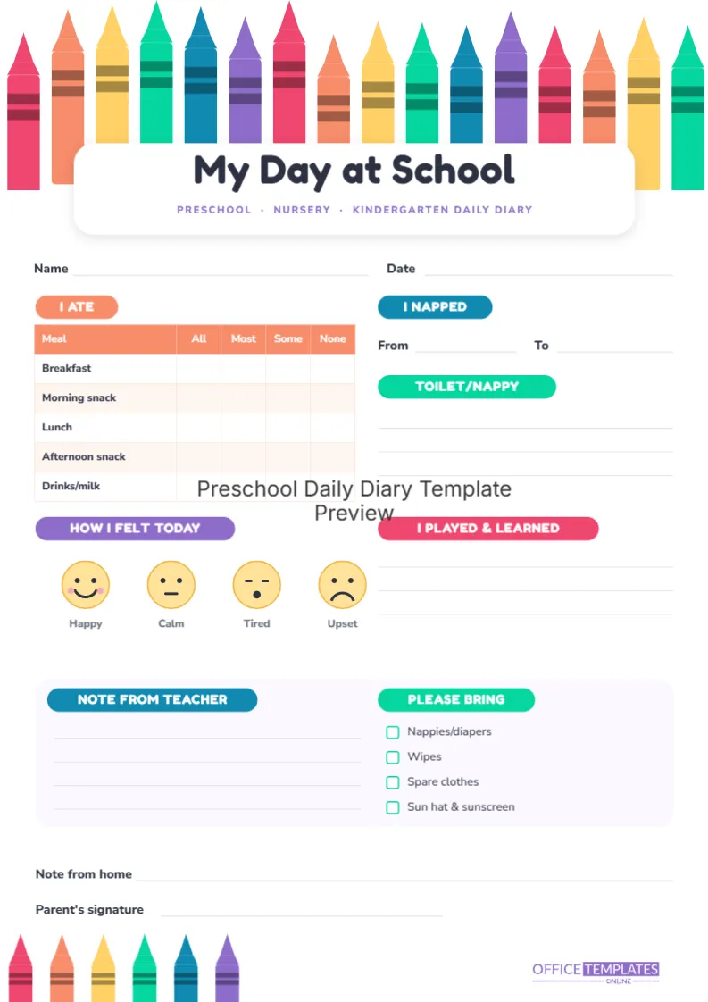 Preschool Daily Diary Template – Crayon Box Report for Parents