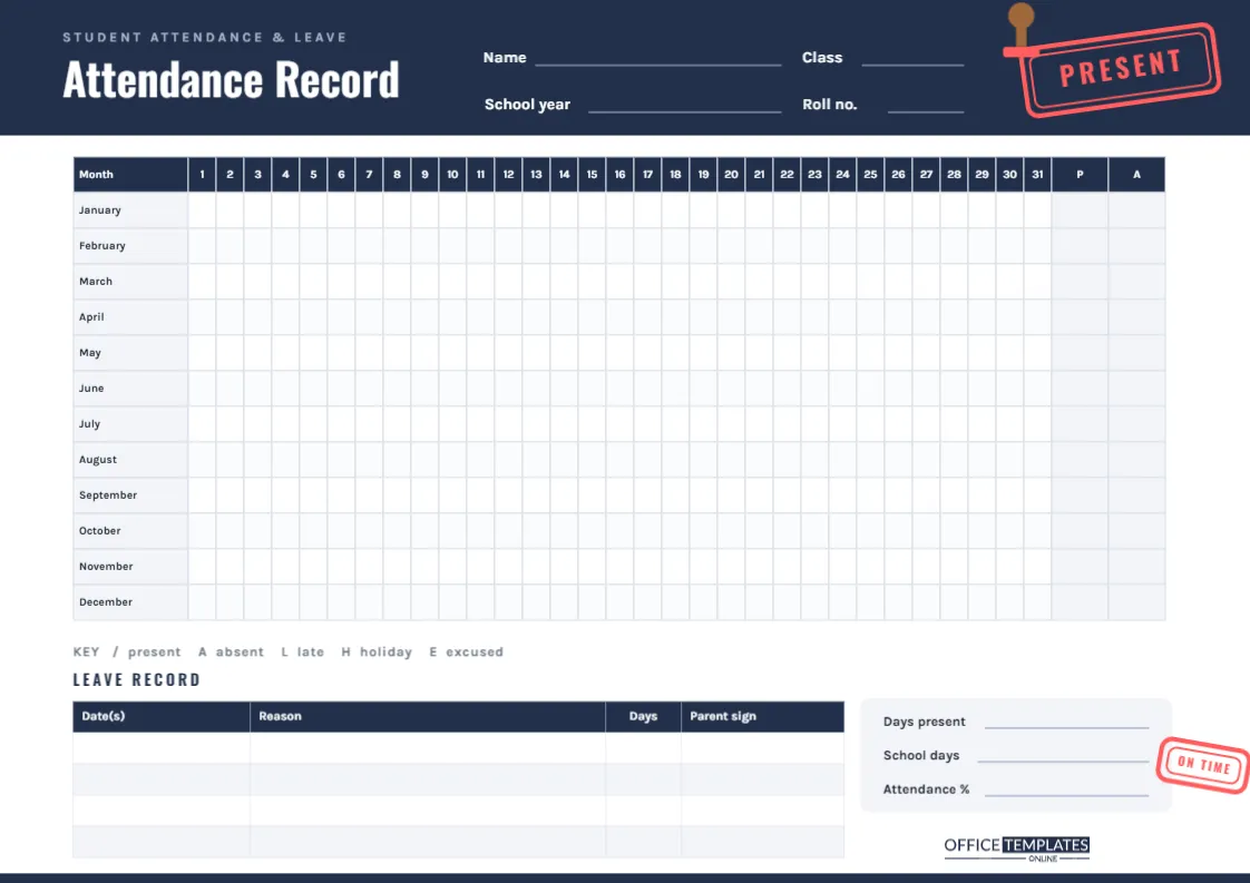 Student Attendance and Leave Record – 12-Month Register Template