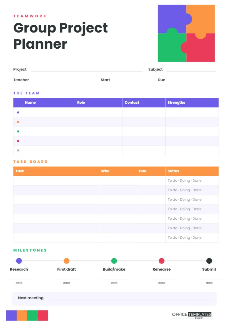 Group Project Planner for Students – Puzzle Piece Teamwork Sheet