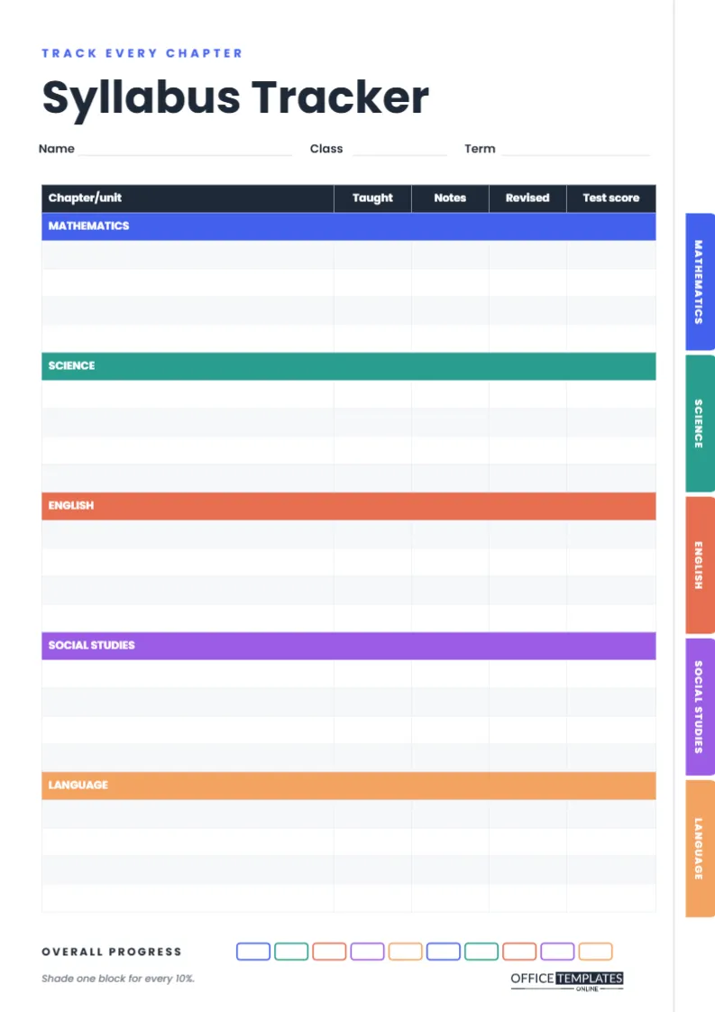 Syllabus Tracker Template – Binder Divider Tabs by Subject