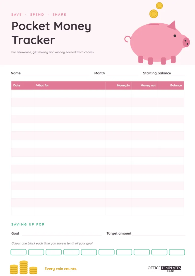 Pocket Money Tracker for Kids – Piggy Bank Allowance Log