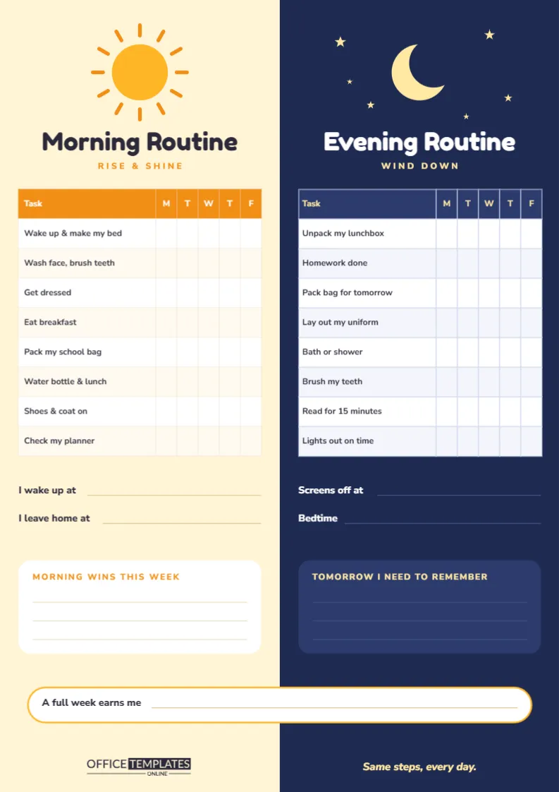 Morning and Evening Routine Chart for Kids – Sun and Moon Checklist