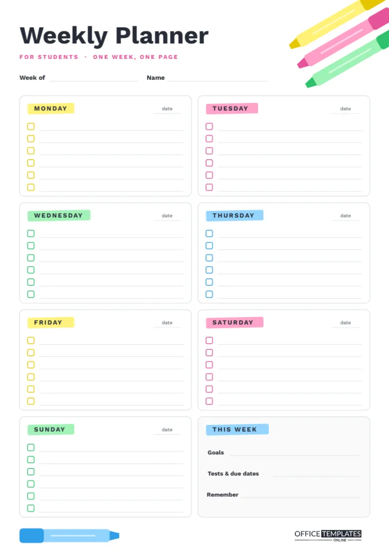Weekly Student Planner Template – Highlighter One-Page Week