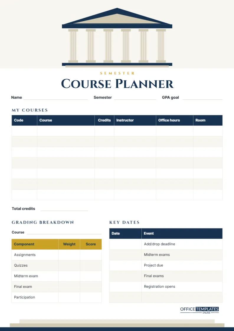 Semester Course Planner for College Students – Classic Campus Design