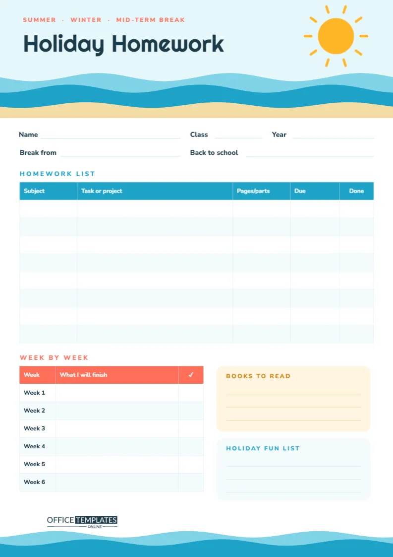 Holiday Homework Planner Template – Beach Waves Vacation Sheet