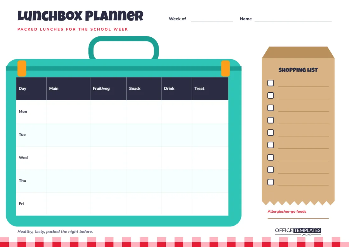 School Lunchbox Planner Template – Weekly Packed Lunch Menu