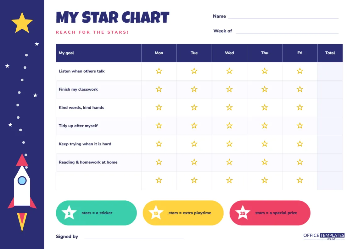 Behaviour Star Chart for Kids – Rocket Reward Chart Template