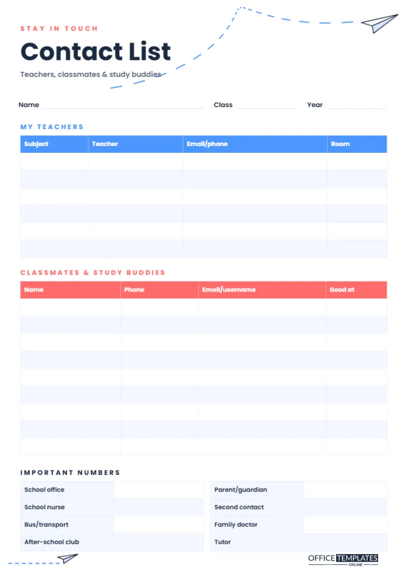 Classmates and Teachers Contact List – Paper Plane Student Template