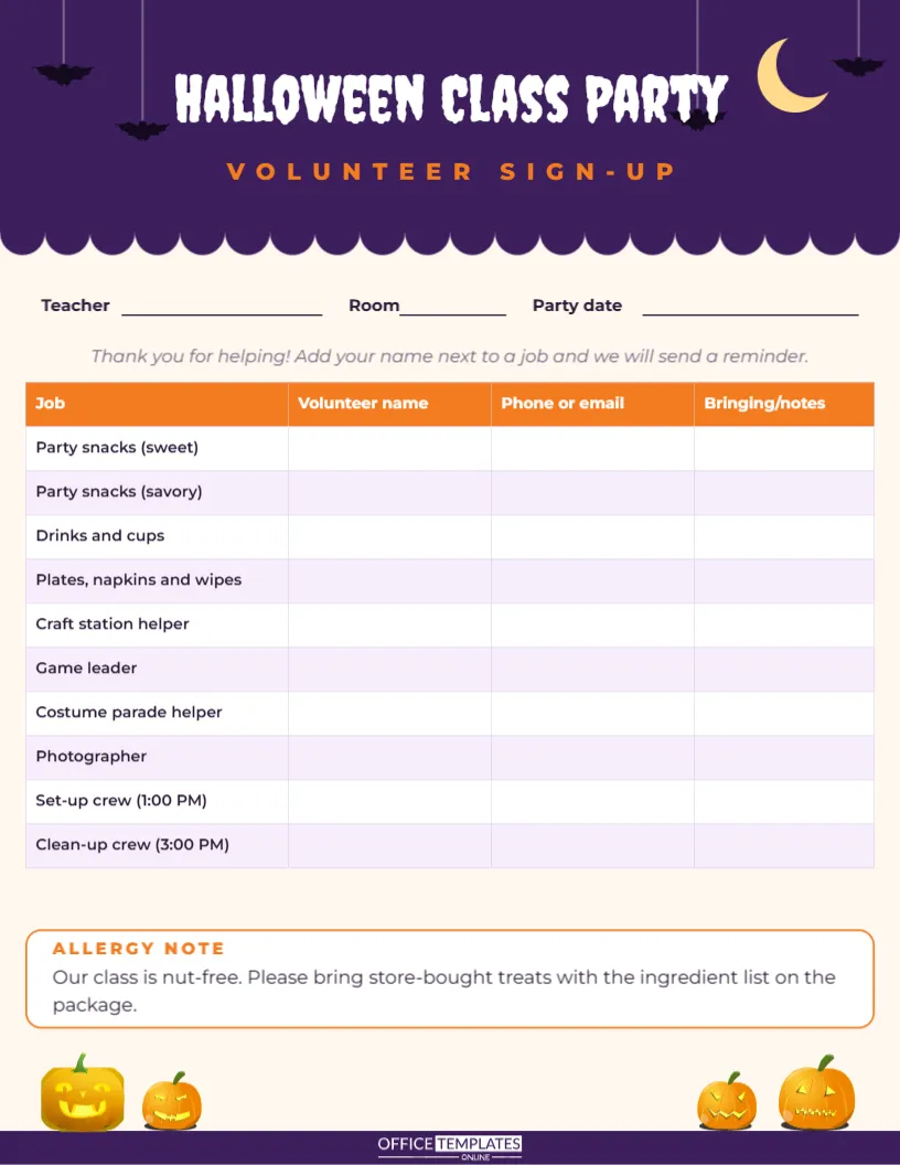 Halloween Class Party Volunteer Sign-Up Sheet Template