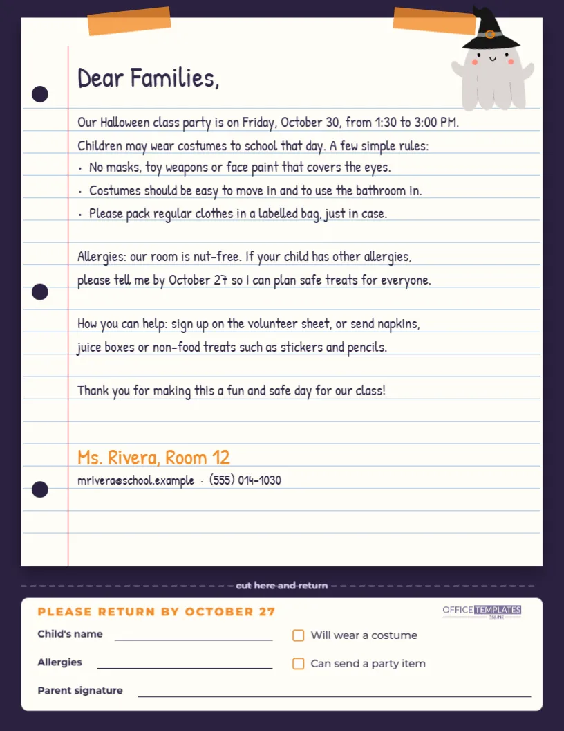 Halloween Class Party Letter to Parents Template with Tear-Off RSVP