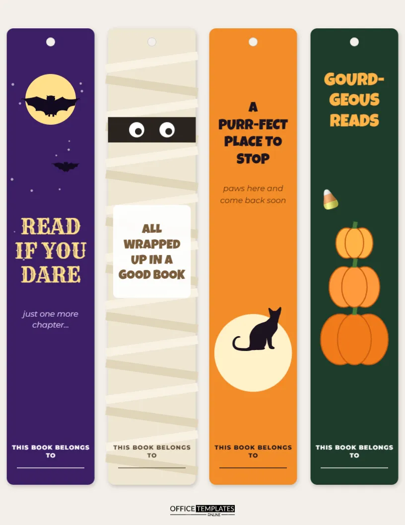 Printable Halloween Bookmarks – Bat, Mummy, Black Cat and Pumpkin