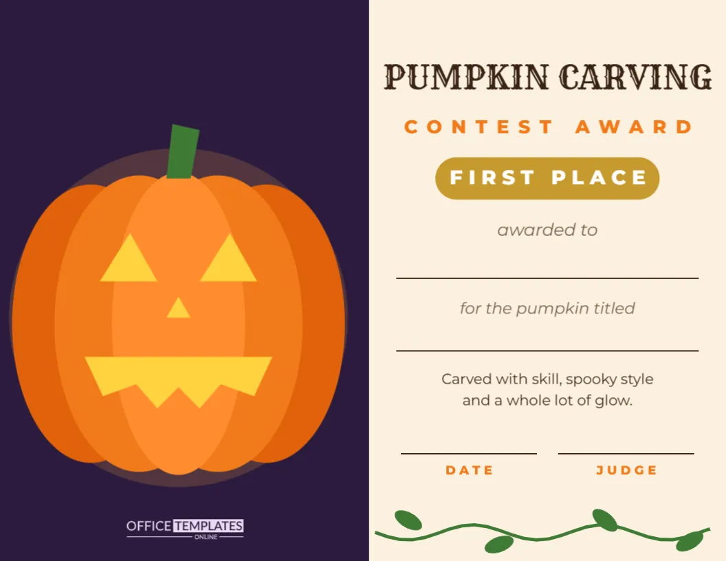 Pumpkin Carving Contest Award Certificate with a Glowing Jack-o’-Lantern