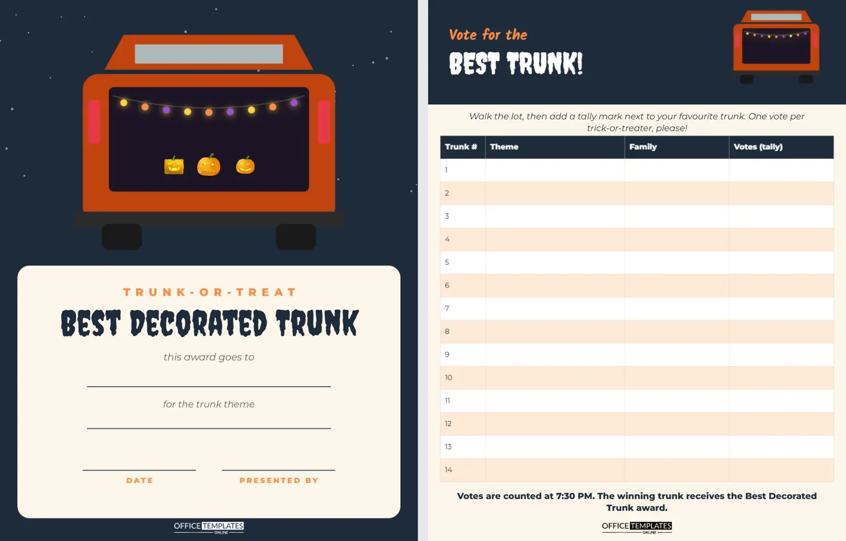 Trunk-or-Treat Best Decorated Trunk Award and Voting Sheet