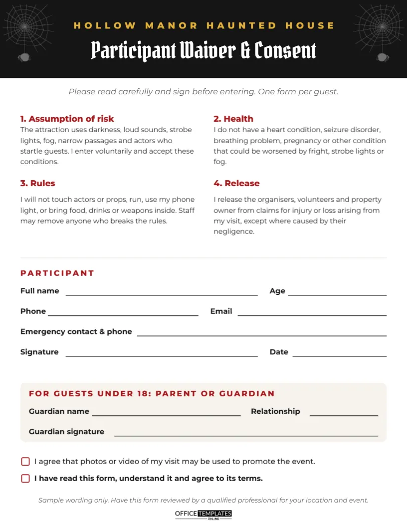 Haunted House Waiver and Consent Form Template