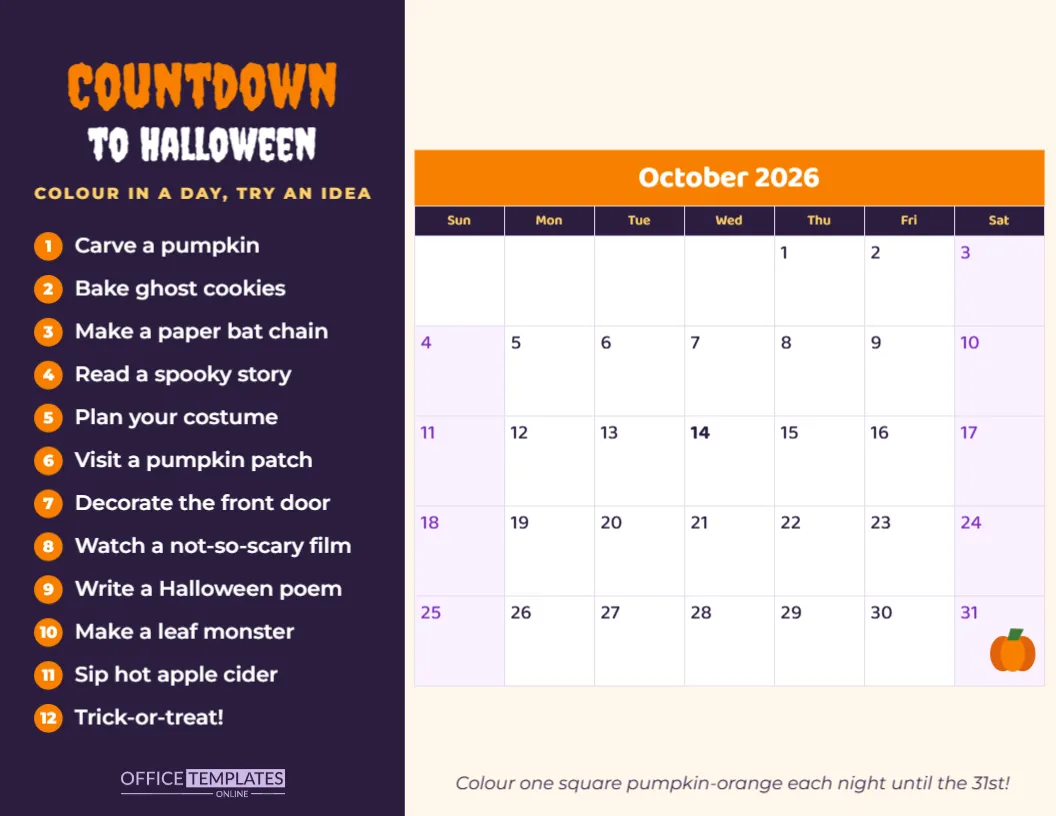 October Countdown to Halloween Calendar with 12 Spooky Activity Ideas