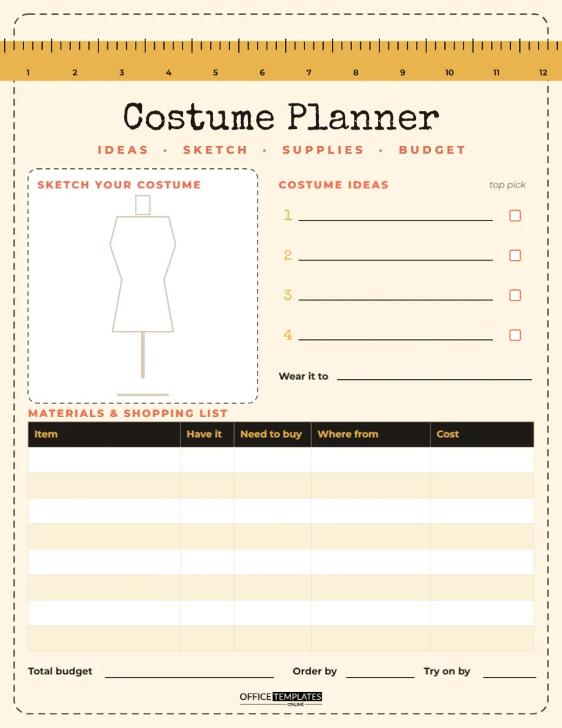 Halloween Costume Planner Worksheet – Ideas, Sketch, Supplies and Budget