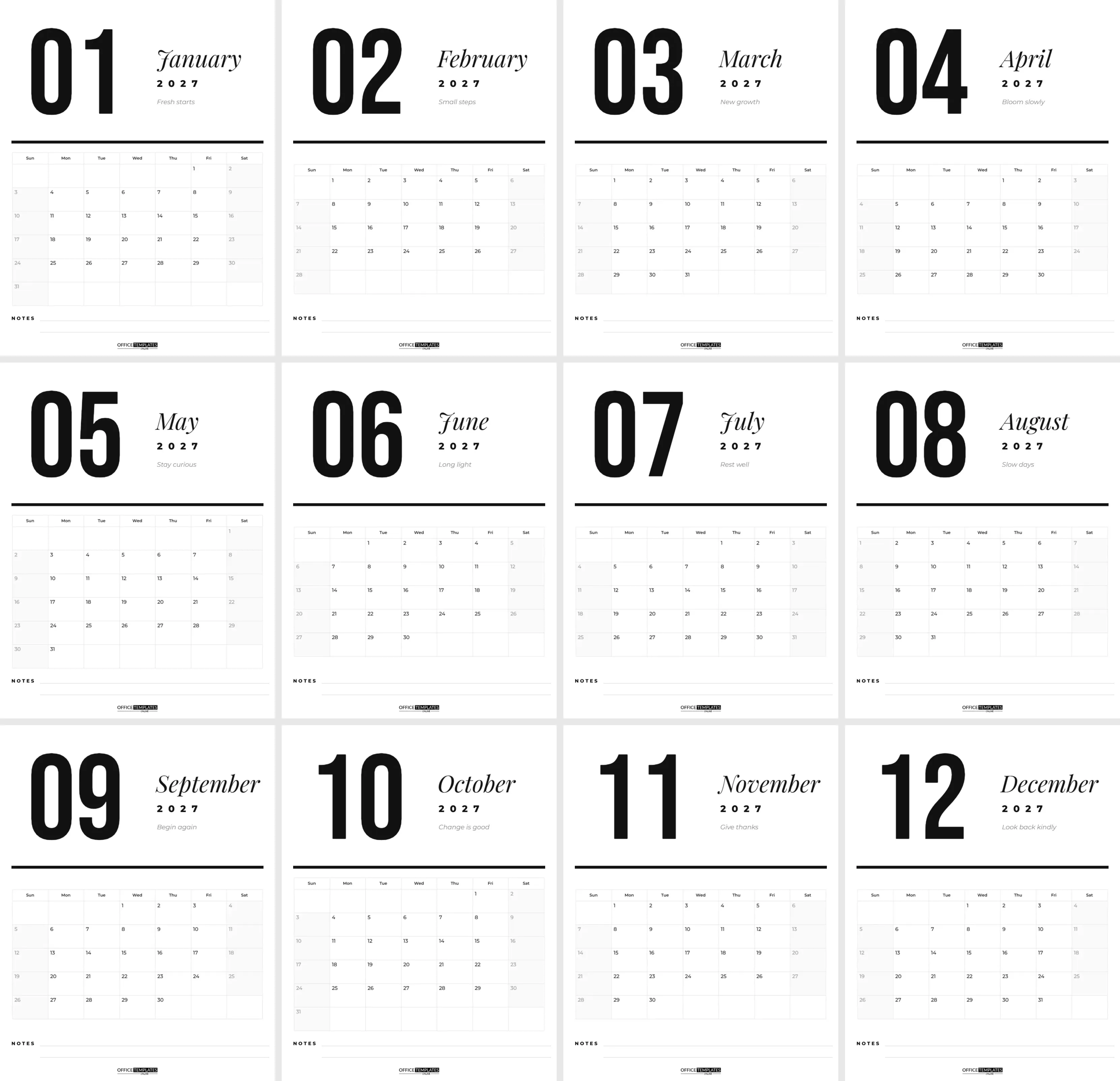 Minimal Monochrome Wall Calendar 2027 – 12 Printable Months