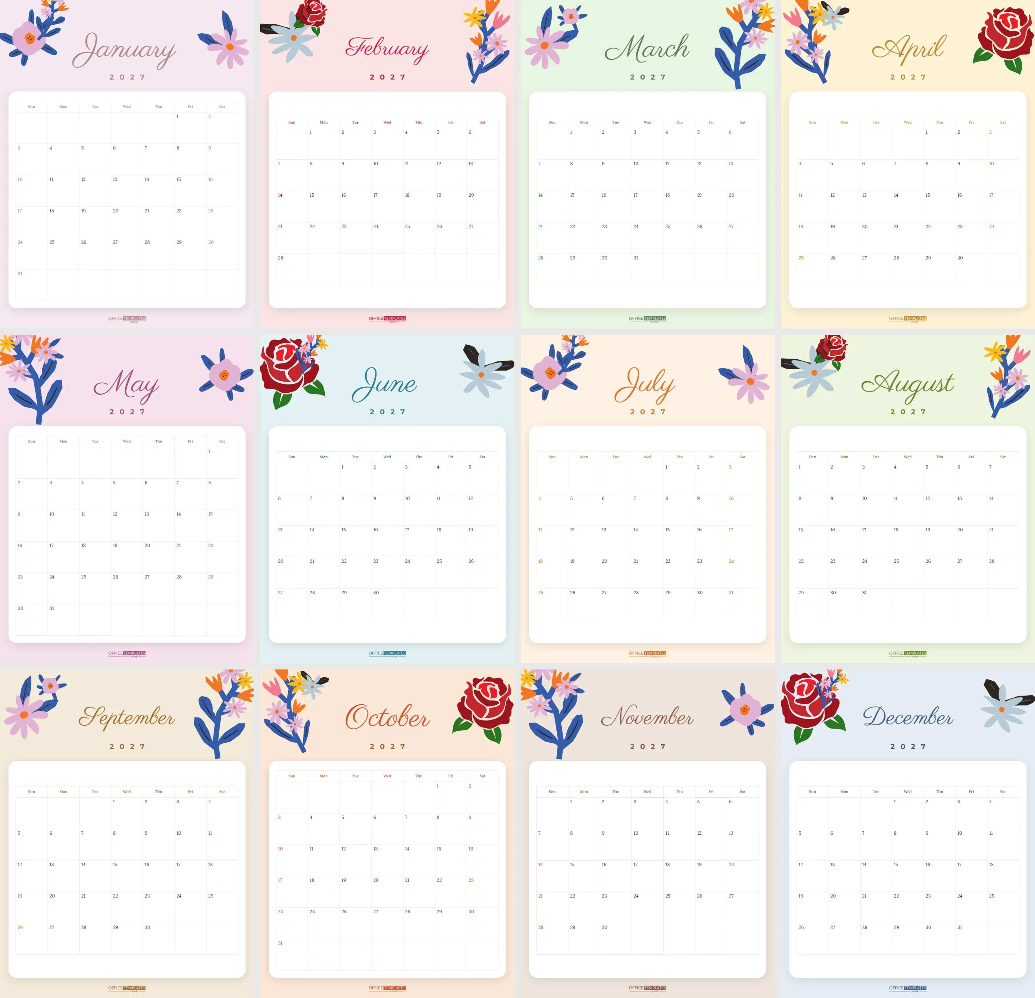 Floral Wall Calendar 2027 with Script Months and Pastel Pages