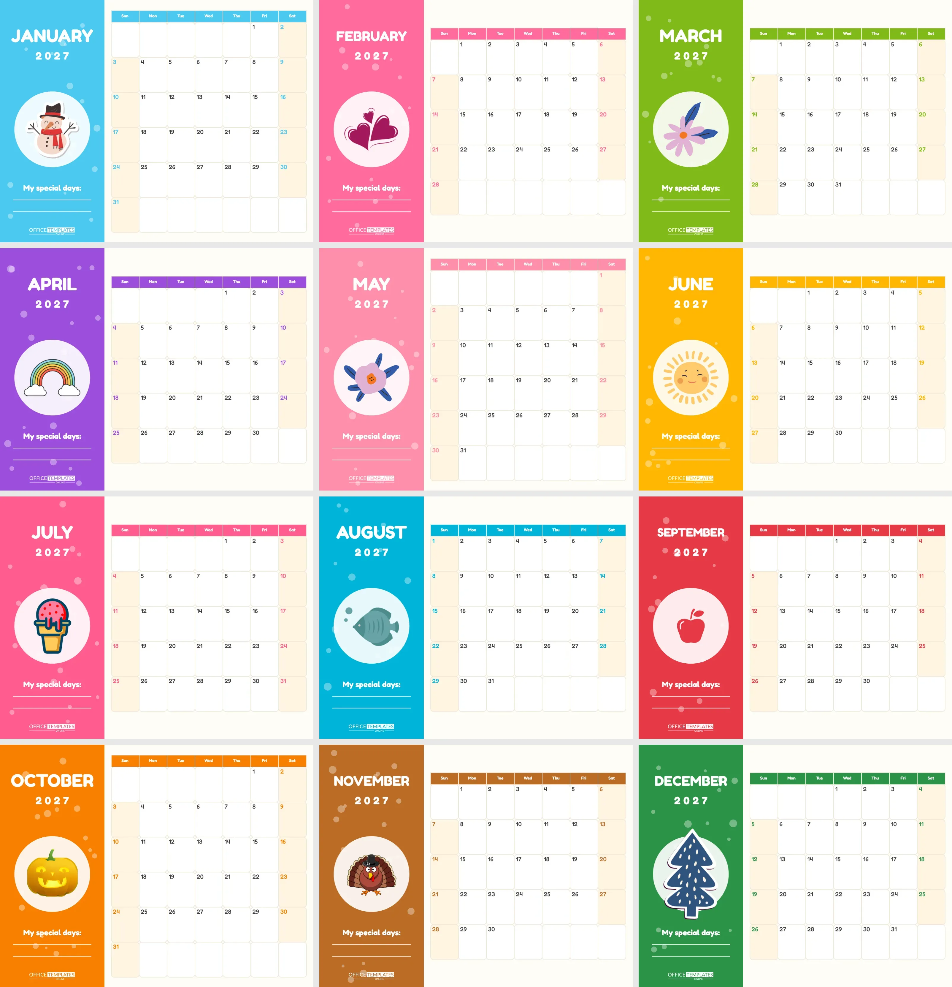 Kids Monthly Calendar 2027 – Bright Pages with a Character Every Month