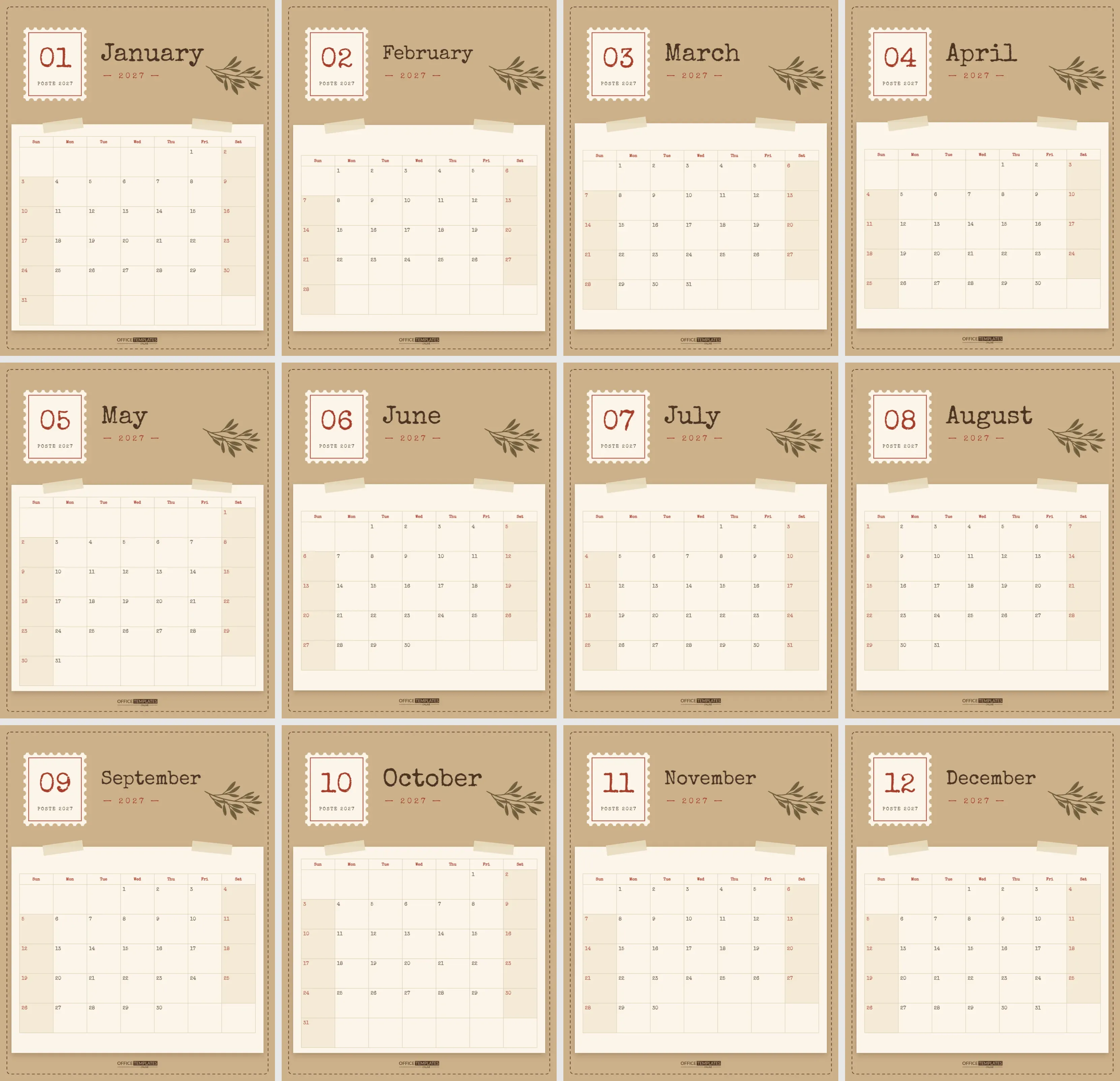 Vintage Kraft Paper Calendar 2027 with Postage Stamp Months
